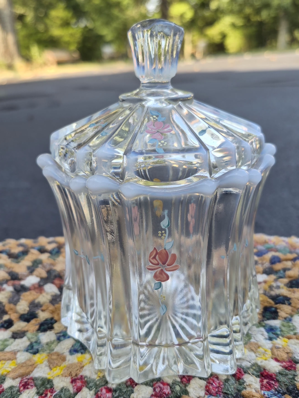 Vintage Artist-Signed Fenton Opalescent Glass Covered Candy Dish or Jar